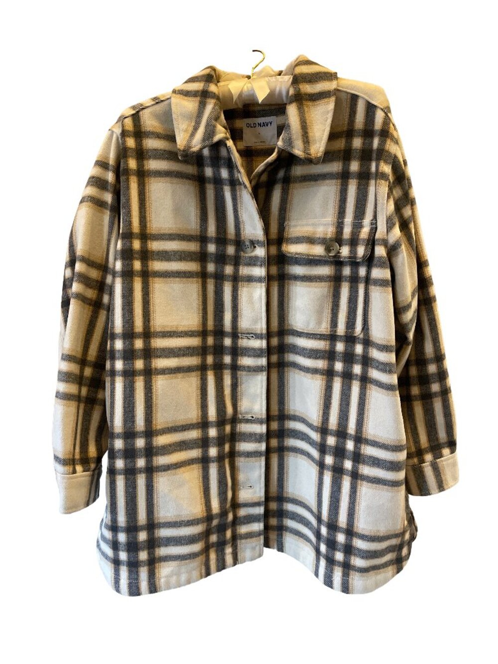 Old Navy Women's Gray, Tan, Cream Plaid Pea Coat Large